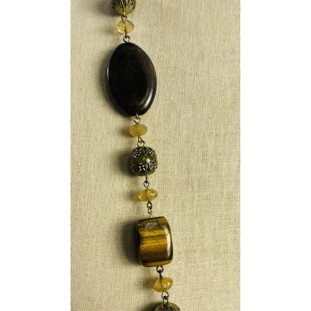 Avon Long Tigers Eye Acrylic Bead Statement Necklace Boho 36” - Picture 2 of 4